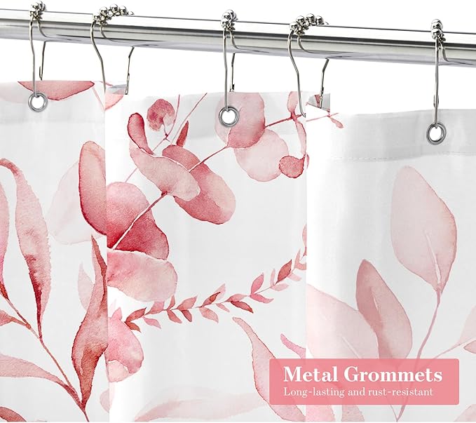 MitoVilla Pink Spring Floral Shower Curtain, Modern Plants Botanical Fabric Cloth Shower Curtains for Chic Elegant Bathroom Decor, Summer Watercolor Eucalyptus Leaf, 72x72