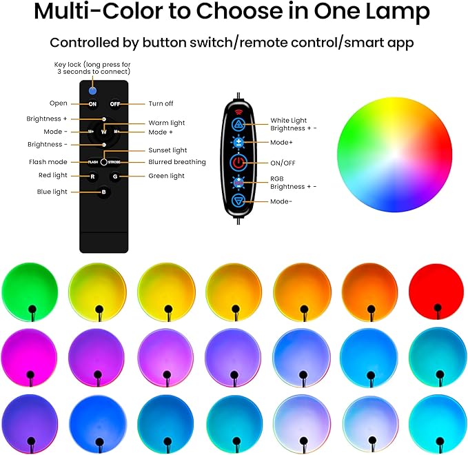 Sunset Lamp Projector with Remote Control, Multiple Colors LED APP Control Sunset Light Three Control Methods Night Light for Room Decor/Christmas Gifts/Photography/Party/Bedroom Decor