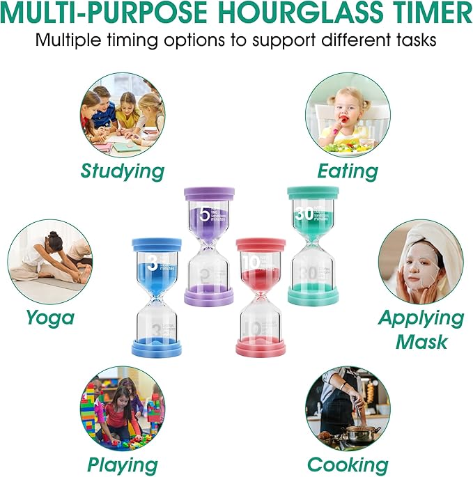 Sand Timer for Kids 4 Pack Colorful Hourglass 3min, 5mins, 10mins, 30mins Sand Clock Timer for Classroom, Games and Kids Room