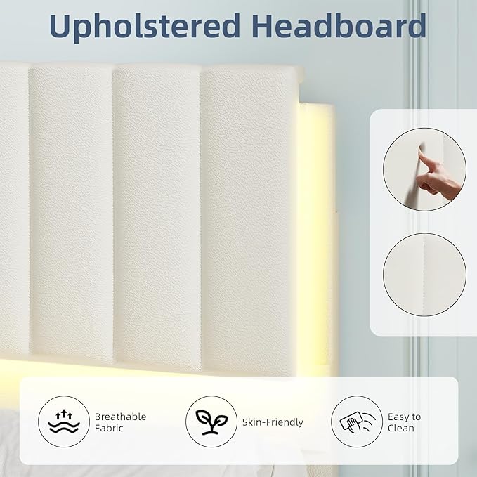 Queen Bed Frame with LED Lights and Headboard, Modern Upholstered Faux Leather Platform Bed with Wooden Slats Support, No Box Spring Needed, Easy Assembly, Cream