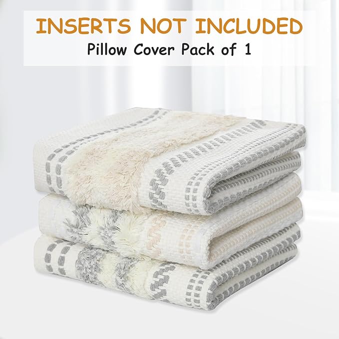 decorUhome Decorative Boho Throw Pillow Cover 18x18, Accent Neutral Textured Tufted Pillow Cover Striped for Couch Bed Sofa, Light Grey and Cream White, Pack of 1