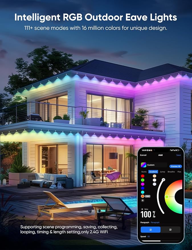 Permanent Outdoor Lights 150ft,RGBW Eaves Light with 108 LED Lights,111+ Scenes Modes Outdoor Lighting, Waterproof Permanent Light for Daily Holiday Halloween Decorations, Compatible with Alexa,Black