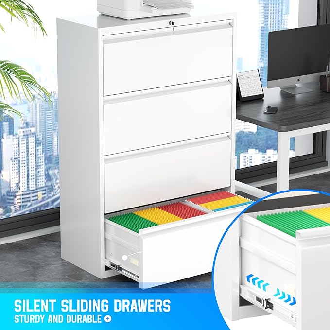 Greenvelly 4 Drawer File Cabinet with Lock, Lateral Filing Cabinets for Home Office, Lockable Metal Lateral File Cabinet, Wide Office File Cabinets with Hanging Files&Key for Letter/Legal/F4/A4