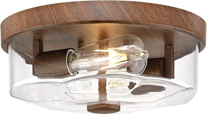 Flush Mount Ceiling Light with Clear Glass Shade, 2-Light Indoor Outdoor Farmhouse Lighting Flush Mount Lights for Kitchen Bedroom Porch Living Dining Room (Wood)