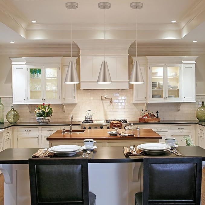 Brushed Nickel Pendant Lights Kitchen Island,Dining Room Light Fixtures Over Table 3 Pack with Silver Cone Metal Shade, Modern Farmhouse Small Chandeliers,Adjustable Cord Hanging Lighting for Sink