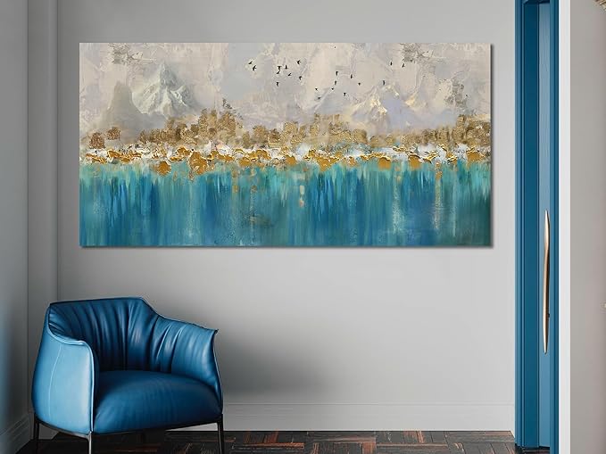 Arjun Teal Gold Abstract Wall Art Blue Turquoise Hand Painted Textured Painting Canvas Modern Grey Artwork Wooden Framed for Living Room Bedroom Bathroom Home Office Wall Decor, Extra Large 58"x29"