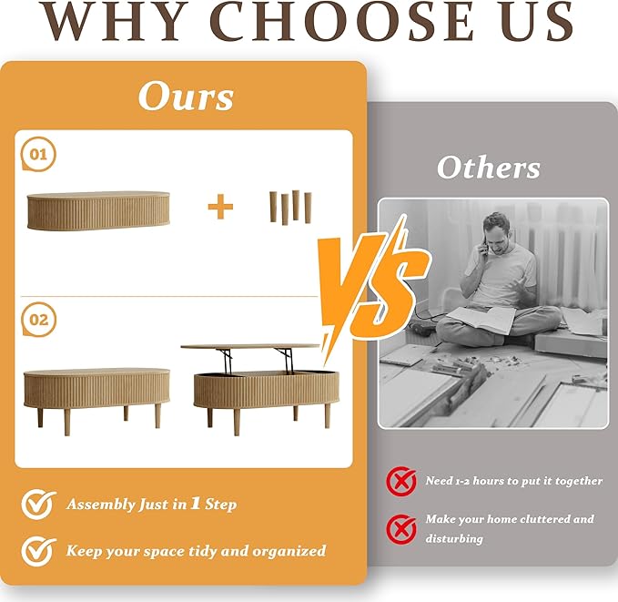 EAG Fluted Lift Top Coffee Table with Hidden Compartment, Modern Oval Coffee Table with Storage, Fully Wood Center Table for Living Room, Office, Natural