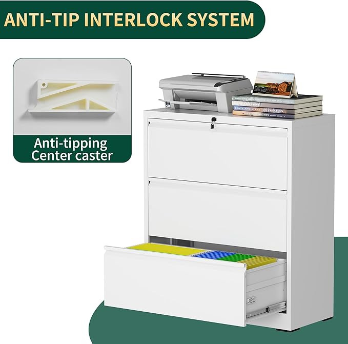3 Drawer Lateral File Cabinet with Lock, Metal File Cabinets for Home Office, Steel Heavy-Duty Filing Storage Cabinet for Letters/Legal/A4 (Require Assembly, White)