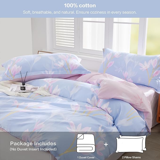 SAPHREAS Pink Orchid Flower Pattern Duvet Cover Set King Size 3pcs Blue Floral Bedding Comforter Cover Set 100% Cotton 1 Duvet Cover 104"x90" 2 Pillow Shams, Comforter Not Included