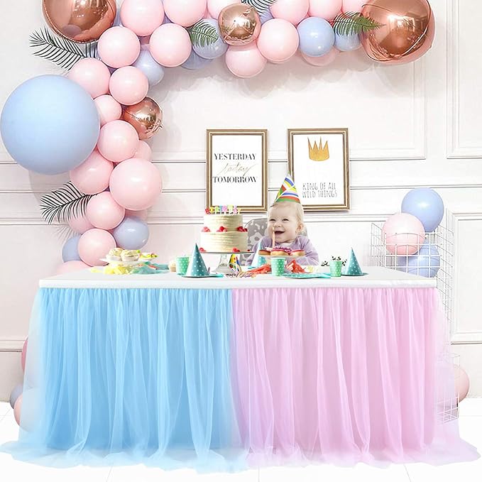 Suppromo 14ft Pink and Blue Tulle Table Skirt for Boy or Girl Gender Reveal Decorations Tutu Table Clothes Cover for Baby Shower Birthday Party Wedding Cake Decorations