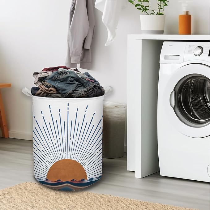 Boho Laundry Basket, Mid Century Modern Boho Terracotta Sun Sea Wave Waterproof Collapsible Laundry Hamper Dirty Clothes Storage Toy Bin Organizer for Bathroom Bedroom Nursery Girls Kids Room