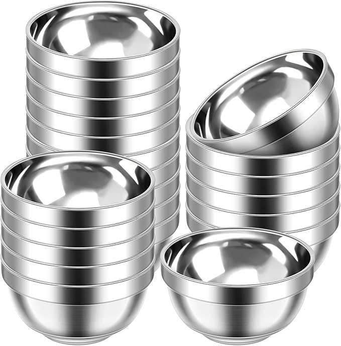 20 Pack 304 Stainless Steel Bowls Set 34oz Metal Double Walled Insulated Snack Mixing Lightweight Multipurpose Toddler Dinner Bowls for Ice Cream, Cereal, Snack