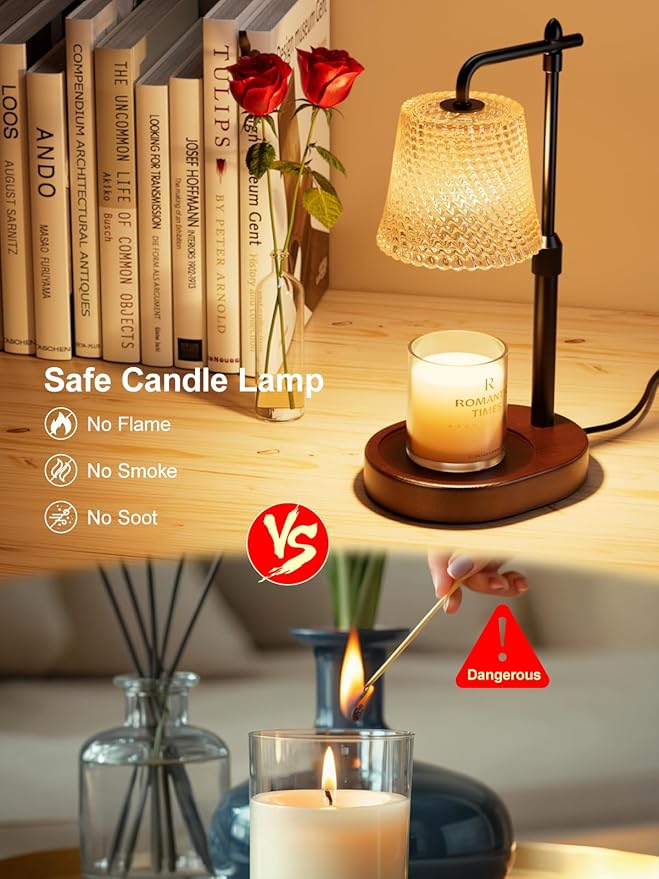 Candle Warmer Lamp with Timer Dimmable - Height Adjustable Candle Warmer for Jar Candles - Birthday Gifts for Women Mom - House Warming Gifts New Home Decor (Walnut Base Amber Shade)