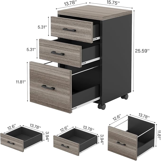 Triebsigns 3 Drawer File Cabinet, Wooden Office Filing Cabinet, Modern Rolling Printer Stand for Home Office, fits A4 or Letter Size, Under Desk (Grey)