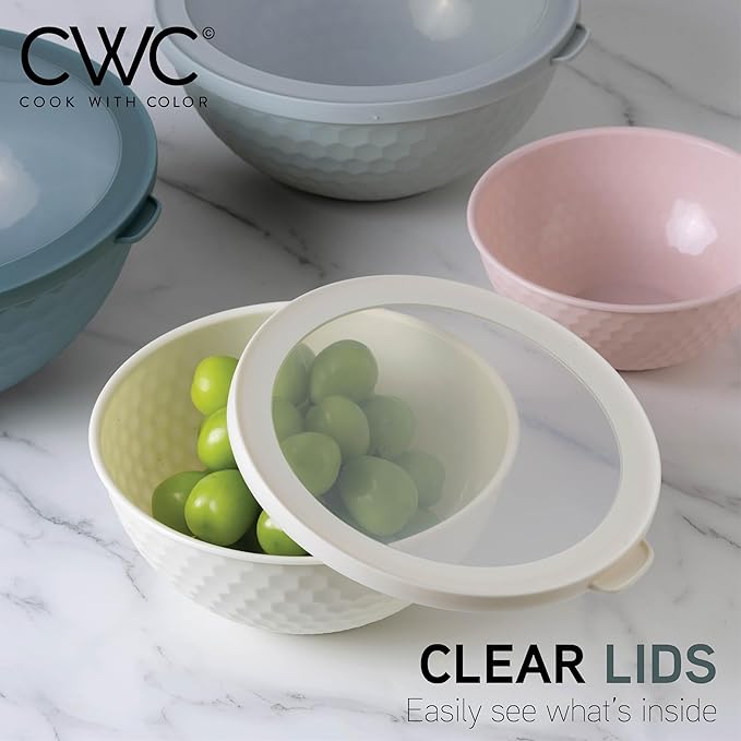 COOK WITH COLOR Mixing Bowls with Lids - 12 Piece Plastic Nesting Bowls Set includes 6 Prep Bowls and 6 Lids, Non Slip Bottom and Embossed Design - Microwave Safe (Teal)