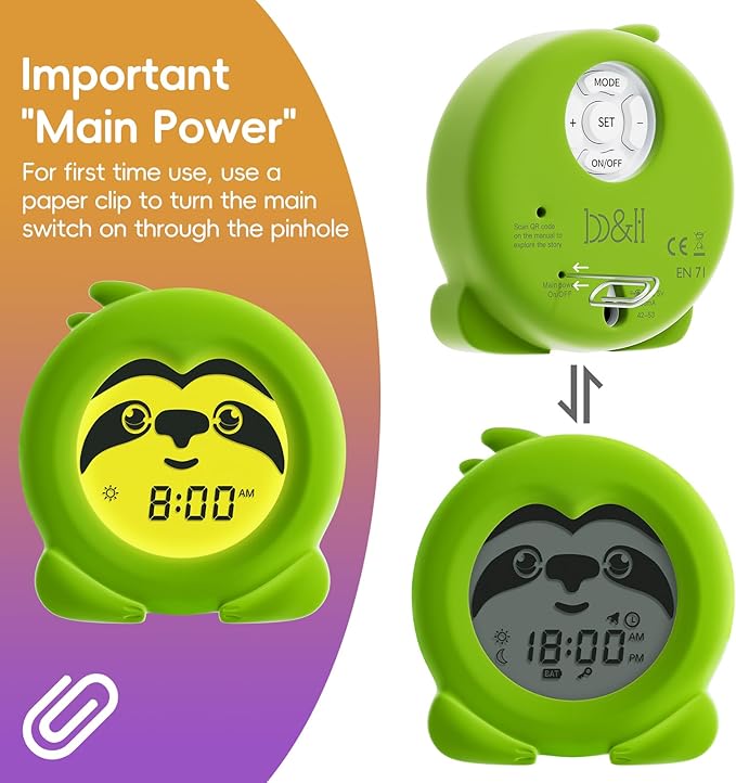 B&H Sleep Trainer Clock for Toddler - Ok to Wake Clock, USB Rechargeable Cute Kids Alarm Clock, Drop Proof Night Light, Science-Backed Lighting for Peaceful Sleep and Ready to Rise Mornings - Sloth