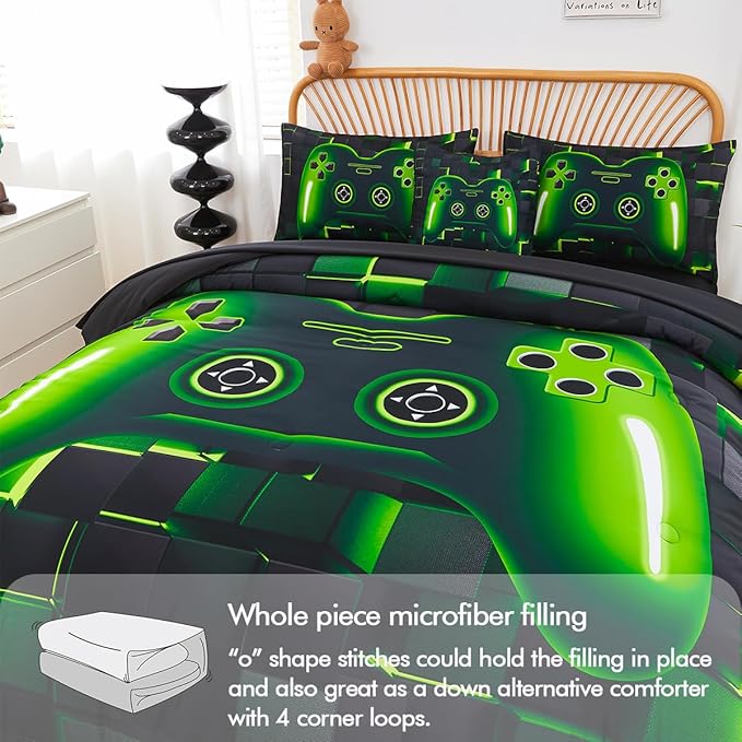 PERFEMET 6 Pieces Twin Gaming Bedding Set Green Game Console Kids Bed in A Bag 3D Black Gamer Comforter Set with Sheets for Boys Teen Lightweight Gamepad Bedroom Set(Green, Twin)