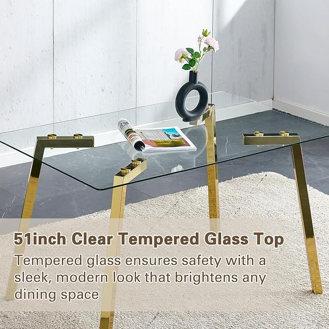 51" Glass Dining Table Set 4,Small Kitchen Room Dining Table Set 4 with Chairs,Tempered Glass Top with Gold Legs,Easy to Assemble,Dinette Breakfast Nook