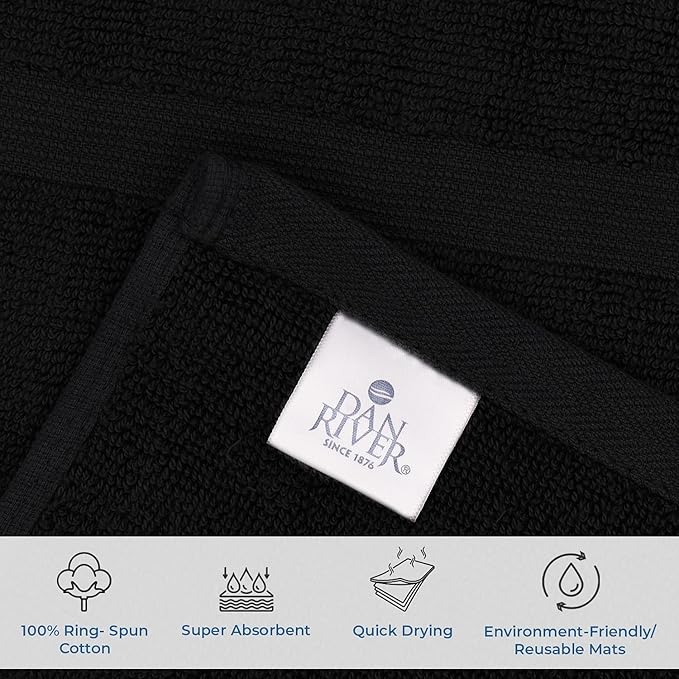 DAN RIVER Classic Bath Mat - Black, 100% Ring Spun Cotton, Pack of 2, 21x34 inches, 800 GSM, Non-Slip, Absorbent, Quick Drying, Machine Washable Bathroom Floor Mats for Shower, Kitchen & Bath