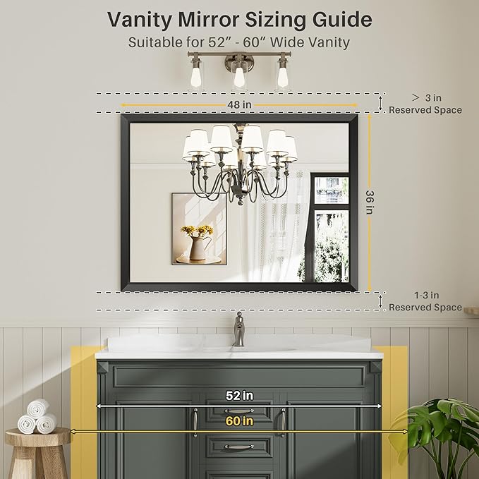 48x36 Inch Black Bathroom Mirror for Wall, Thick Metal Framed Rectangle Mirrors for Over Sink, Bedroom, Living Room, Entryway, Anti-Rust, HD Tempered Glass