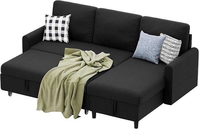 Sofa Bed Sleeper Pull Out 2 in 1 Sectional Sleeper Sofa Couches with Storage, Pullout Sectional Couches for Apartment Living Room,Black