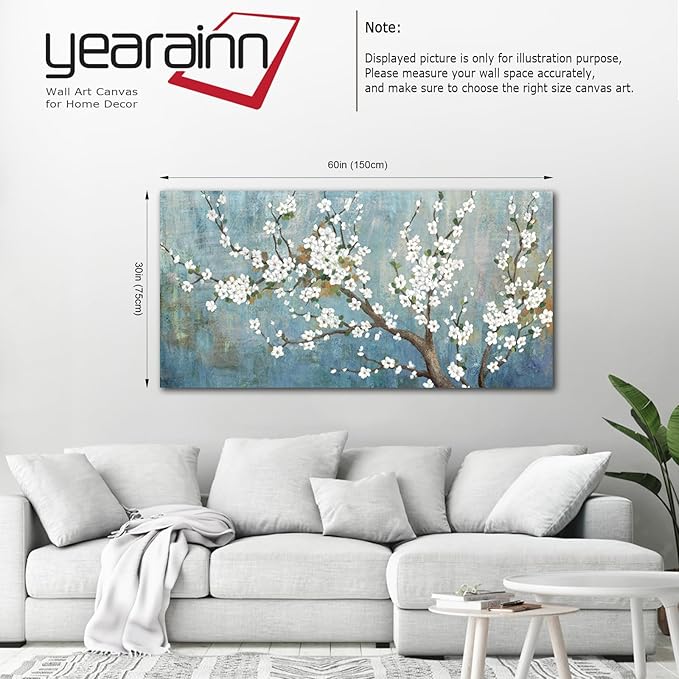 Elegant Flowers Canvas Wall Art - Plum Blossom Pictures for Wall Decor Rustic Turquoise Canvas Painting Nature Printing Artwork for Living Room Bedroom Home Office Wall Decoration 29" x 58"