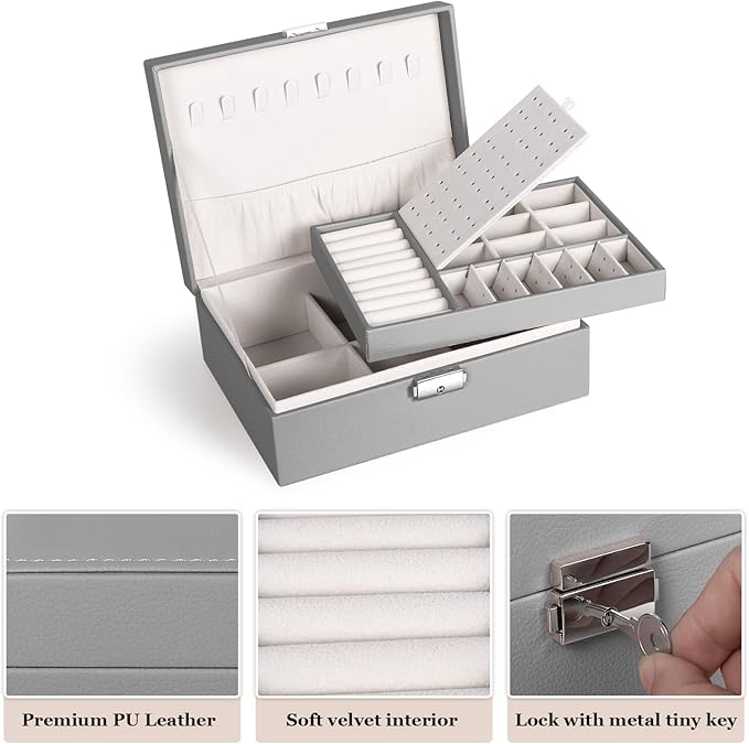 Jewelry Box for Women Girls, 2 Layers Jewelry Organizer Container with Lock, PU Leather Storage Case with Removable Tray, Jewelry Display Box for Necklaces Earrings Bracelets Rings Watches (Grey)
