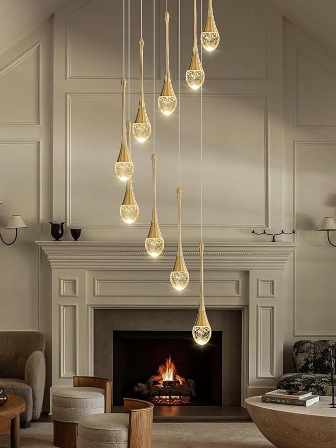 H100'' Modern Chandelier 9-Lights Gold Foyer Entrance Chandeliers High Ceiling Chandelier LED Dimmable 2700-6000K Fixtures