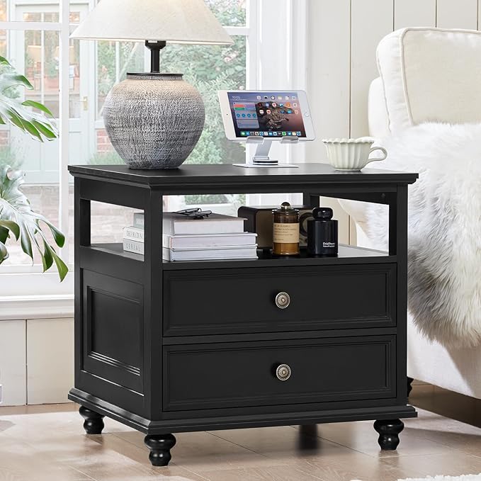 24" Wide Farmhouse Night Stand,Large End Table with 2 Drawers & Metal Handle,Wood Dresser for Bedroom, Black Bed Side Table Chest of Drawers Cabinet,Nightstand for Living Room,Closet