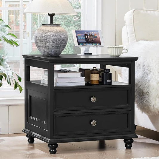 24" Wide Farmhouse Night Stand,Large End Table with 2 Drawers & Metal Handle,Wood Dresser for Bedroom, Black Bed Side Table Chest of Drawers Cabinet,Nightstand for Living Room,Closet