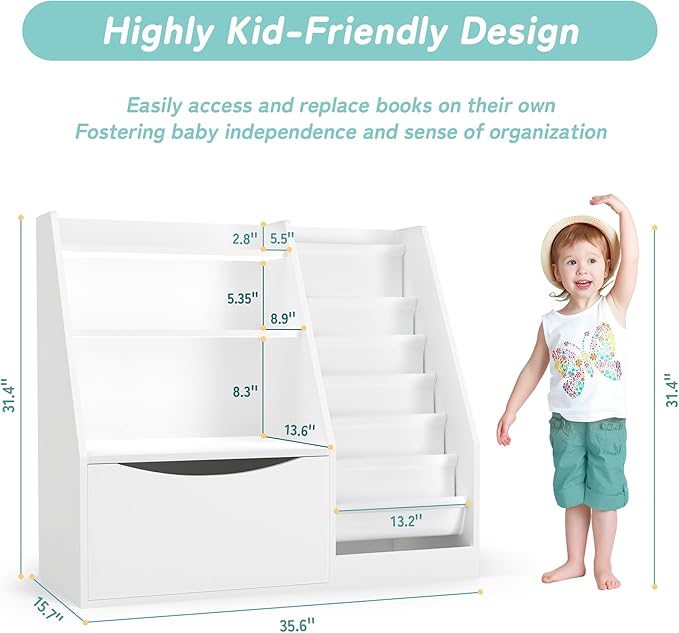 TOETOL Kids Bookshelf & Book Storage,3 Tier Wooden Toddler Bookshelf for Children,Nursery Book Shelves with 6 Sling,Organizer & Book Shelf for Kids Rooms,Bedroom,Playroom White