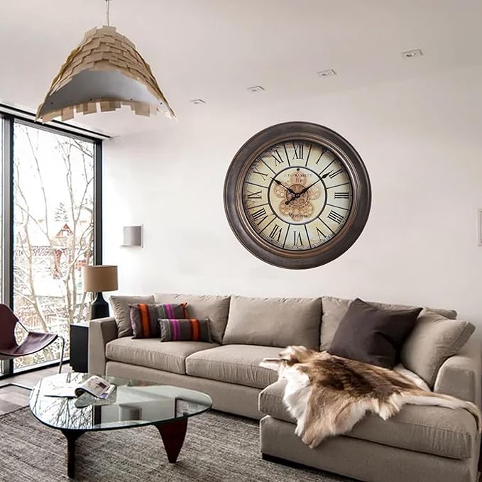 15 Inch Vintage Wall Clock, Silent Non-Ticking Quartz Battery Operated Decorative Clock for Home, Kitchen, Living Room, Dining Room, Office, Aged Bronze Roman Numerals