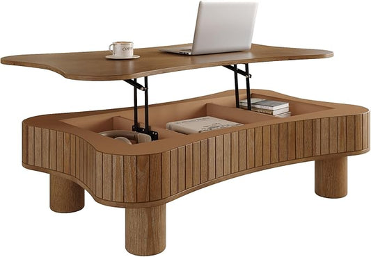 42.5'' Modern Lift Top Coffee Table for Living Room, Solid Wood Center Table, Fluted Panel Design, Storage Compartments, 42.5x27.2 Inch Surface, Hydraulic Lift Mechanism, Easy Assembly (Walnut)
