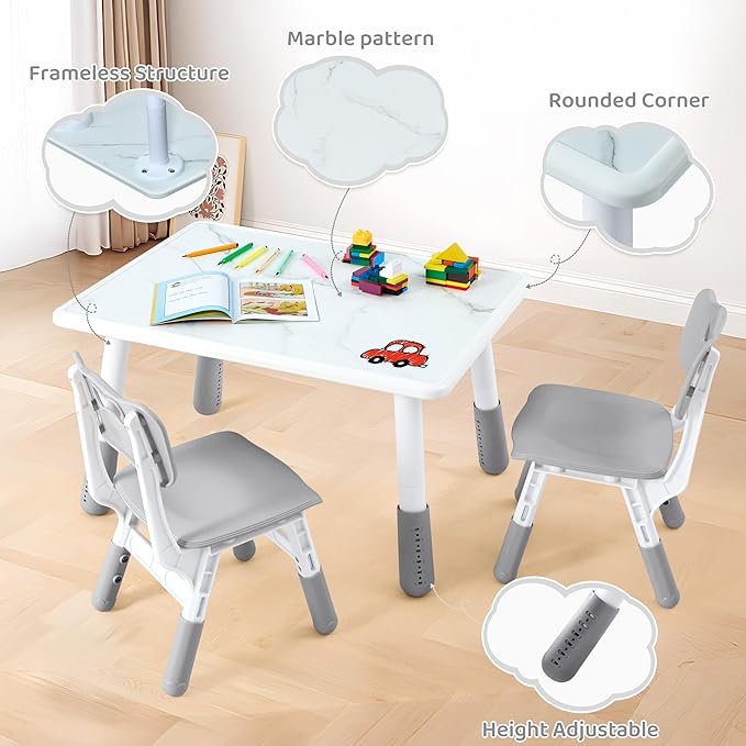 Toddler Table and 2 Chairs Set, Height Adjustable Kids Table and Chairs, 31.5''L x 23.6''W, Marble Pattern & Graffiti Desktop, Children Multi-Activity Table for Home/Daycare/Classroom