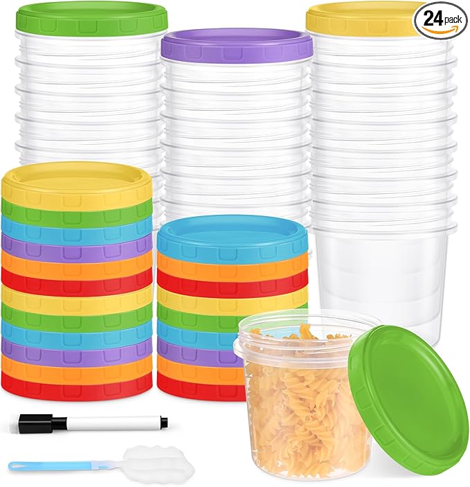 16 oz Plastic Deli Containers with Lids, 24 Pack Stackable Small Freezer Container, Reusable 2 Cup Food Storage Containers with Pen and Brush, Microwave & Dishwasher Safe, BPA Free