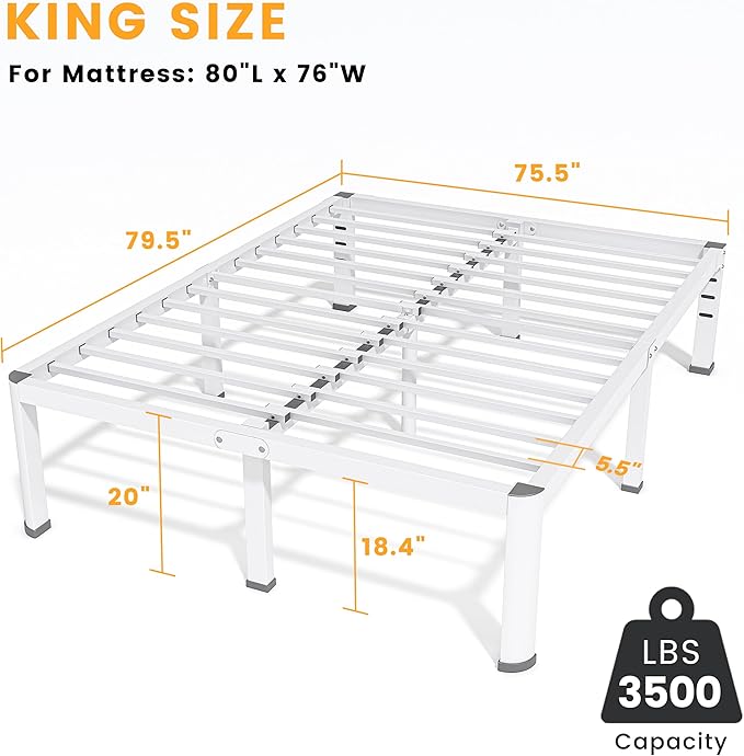 20 Inch King Size Metal Bed Frame with Round Corners, Storage Space Under High Bed Frame-Heavy Duty Steel Slats Support, Noise Free - Easy Assembly - No Box Spring Needed,White
