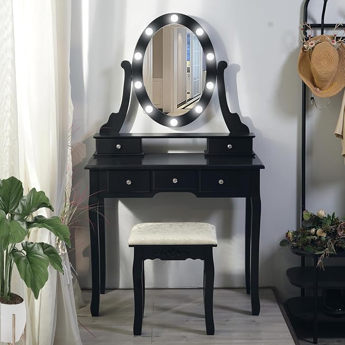 Vanity Desk, Vanity Mirror with Lights and Table Set with 5 Drawers, Wood Makeup Dressing Table with Oval Mirror & Stool for Bedroom Women Girls，Black
