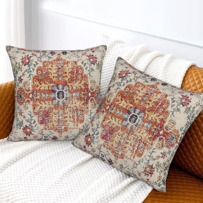 Blue Burnt Orange Boho Throw Pillow Covers 20x20 Set of 2, Farmhouse Carpet Ethnic Decorative Pillow Covers Bohemian Rustic Cushion Cases Linen Gifts for Couch Sofa Indoor Outdoor