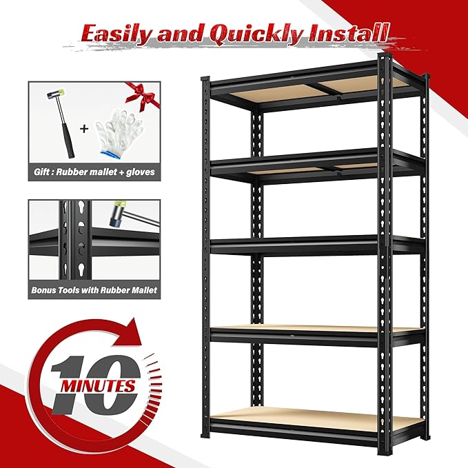 REIBII Set of 2 Storage Shelves 5 Tier Garage Shelving Heavy Duty Metal Shelving 2000LBS Garage Shelves Adjustable Metal Shelf for Kitchen Warehouse Pantry Closet, 27.6" W x 11.8" D x 60" H