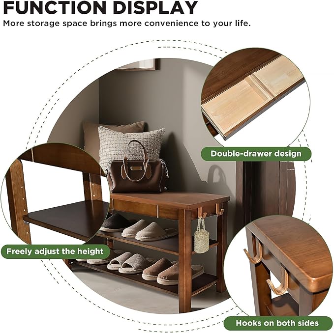 Wood Shoe Bench Entryway with Drawer: 2-Tiers Wooden Storage Shoe Rack with Bench Seat, Compact Mid-Century Modern Design for Entryway, Hallway, Closet, Front Door Entrance, Foyer 43.3" Walnut