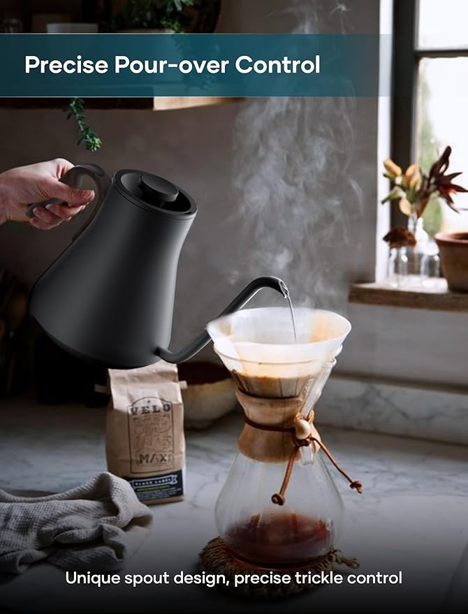 Electric Kettle, Gooseneck Electric Kettle, ±1℉ Precise Temperature Control, Stainless Steel Interior, Quick Heating for Pour Over Coffee, Tea & Boiling Water, 0.9L (Matte Black)