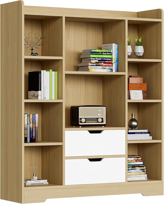 Cozy Castle Kids Bookshelf with Storage, Toy Storage Organizer with 2 Drawers and 10 Cubes 4-Tier Bookcase for Bedroom, Playroom, Hallway, Living Room(Oak & White)