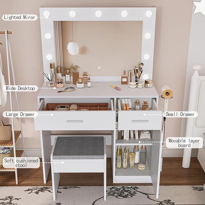 Makeup Vanity with Stool, Large Drawer and Power Socket with 11 Light Bulbs and 3 Adjustable Lighting Modes, Vanity Table for Bedroom (White)