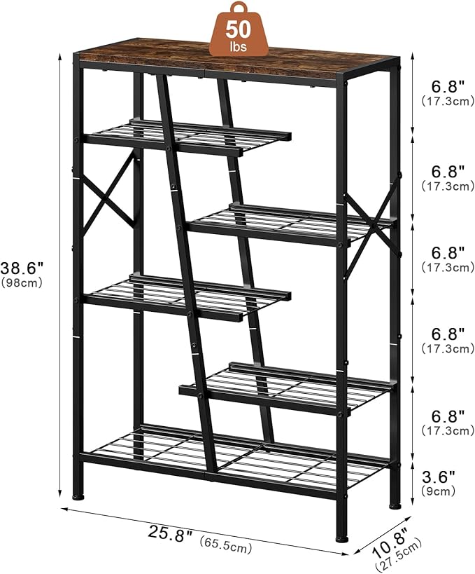 Shoe Rack, 6-Tier Boot Rack, Wooden Storage Organizer for Tall Boots, Sneakers, Metal Shoe Rack Organizer with Metal Mesh Shelves, 10-12 Pairs of Shoes for Closet, Entryway, Rustic Brown