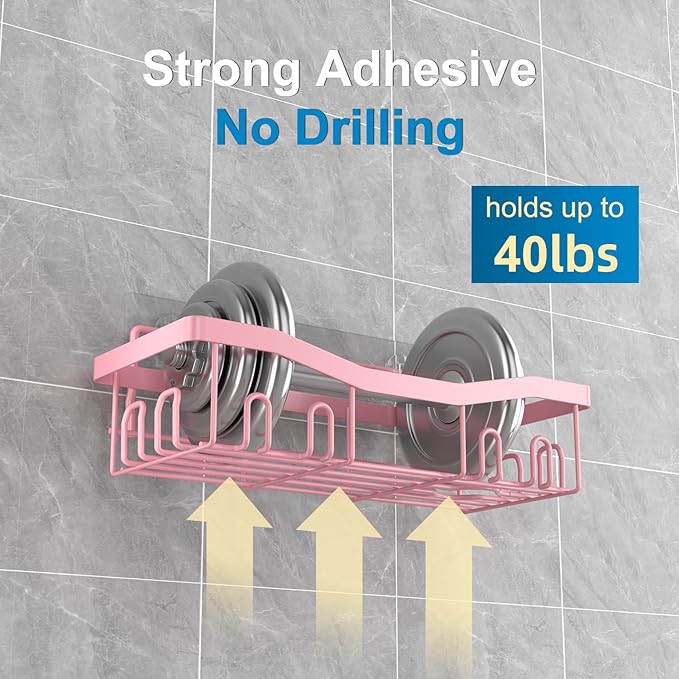 Adhesive Shower Caddy, No Drilling Bath Organizers 5 Pack, Rustproof Shelves with Soap Holder & Toothbrush Holder, Pink Bathroom Accessories Decor Set
