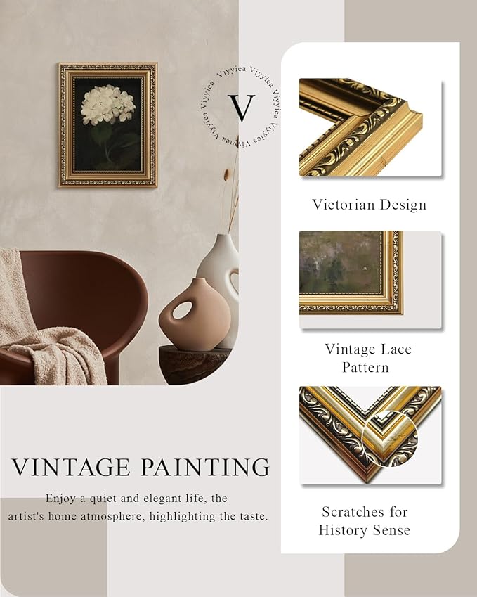 VIYYIEA Gold Framed Wall Art, White Hydrangea Canvas Print Home Decor Vintage Art Painting Picture Bathroom Wall Decor, Flowers Artwork for Living Room Bedroom Kitchen Office - 10L x 8W