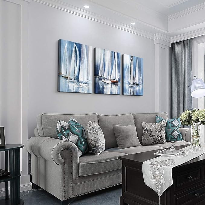 3 Piece Framed canvas wall art for living room bathroom bedroom Wall Art Decor Ocean landscape sailboat abstract Canvas painting Ready to Hang Office Home Decoration sea poster Pictures Wall Artworks