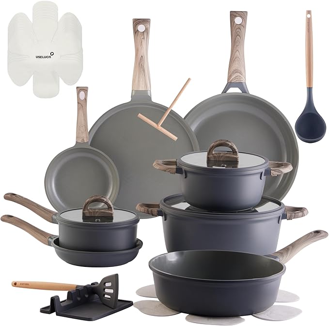 22Pcs Pots and Pans Set Non Stick Non-Toxic Ceramic Cookware Sets Nonstick Kitchen Pot&Pan With Lid Cream Gray Granite Induction Compatible with Glass Lids 10" Griddles Frying Pan PFOA/PFOS-Free