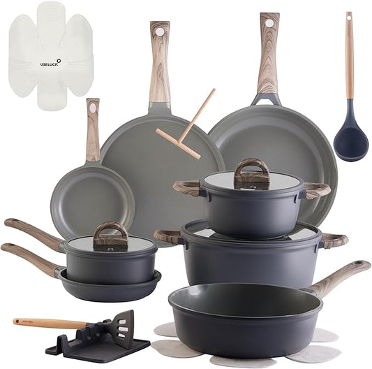 22Pcs Pots and Pans Set Non Stick Non-Toxic Ceramic Cookware Sets Nonstick Kitchen Pot&Pan With Lid Cream Gray Granite Induction Compatible with Glass Lids 10" Griddles Frying Pan PFOA/PFOS-Free
