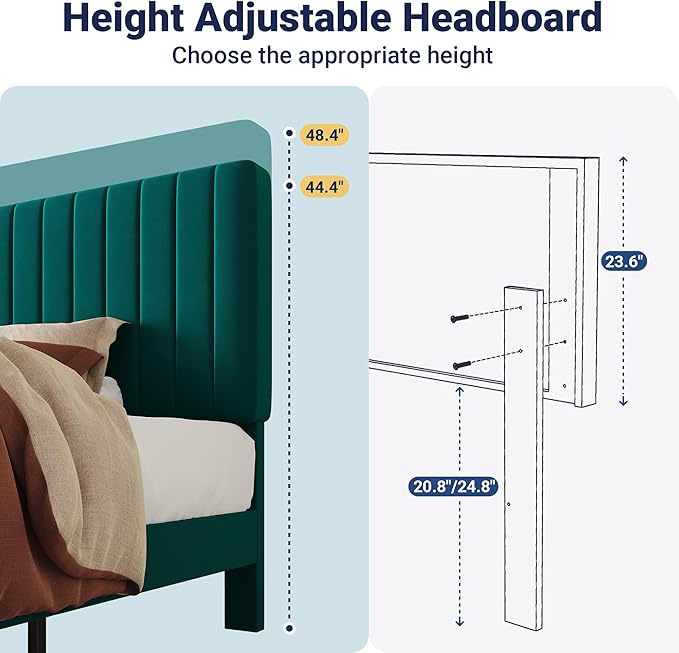 Allewie Twin Bed Frame, Velvet Upholstered Platform Bed with Adjustable Vertical Channel Tufted Headboard, Mattress Foundation with Strong Wooden Slats, Box Spring Optional, Easy Assembly, Teal